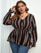 Women Plus Size Shirt Striped Long Sleeve Waist Blouse | PRUSES - PRUSES