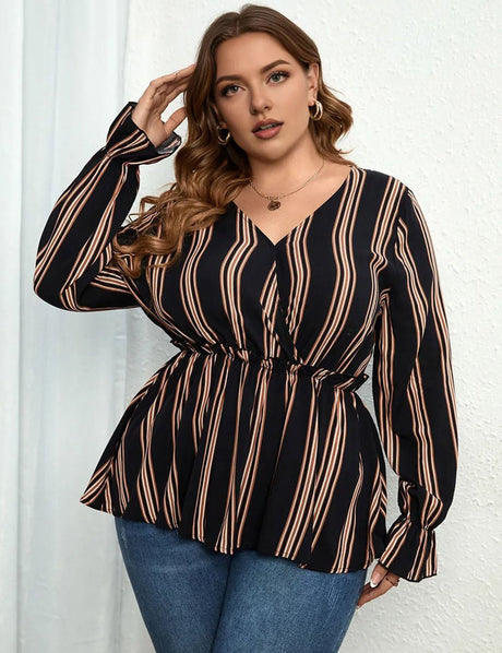 Women Plus Size Shirt Striped Long Sleeve Waist Blouse | PRUSES - PRUSES