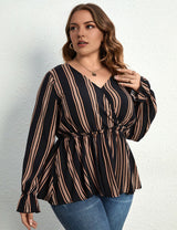 Women Plus Size Shirt Striped Long Sleeve Waist Blouse | PRUSES - PRUSES