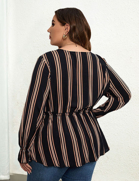 Women Plus Size Shirt Striped Long Sleeve Waist Blouse | PRUSES - PRUSES