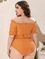 Women Plus Size Short Sleeve off Shoulder Bikini Set - PRUSES