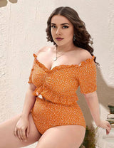 Women Plus Size Short Sleeve off Shoulder Bikini Set - PRUSES