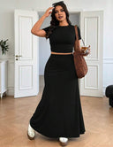 Women Plus Size Short Sleeve T-Shirt and Skirt Set - PRUSES