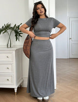 Women Plus Size Short Sleeve T-Shirt and Skirt Set - PRUSES