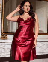 Women Plus Size Red Silky Satin Nightgown with Soft Sheen