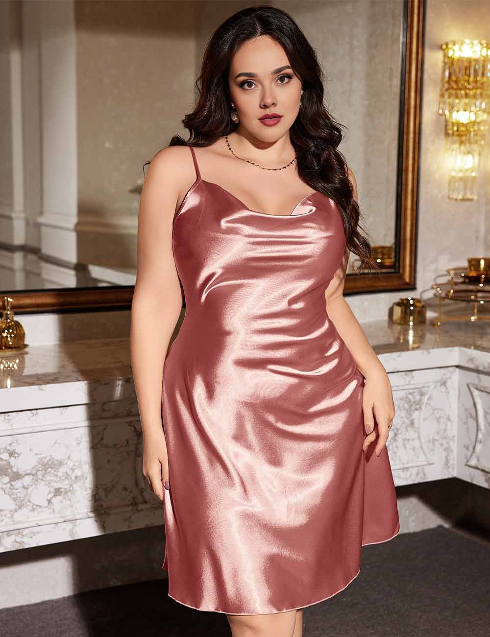 Women Plus Size Pink Silky Satin Nightgown with Soft Sheen
