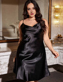 Women Plus Size Black Silky Satin Nightgown
