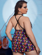 Women Plus Size Skull Print Halloween Babydoll Lingerie - PRUSES