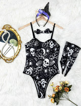 Women Plus Size Skull Print Halloween Teddy - PRUSES