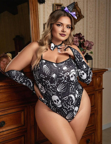 Women Plus Size Skull Print Halloween Teddy - PRUSES