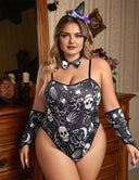 Women Plus Size Skull Print Halloween Teddy - PRUSES