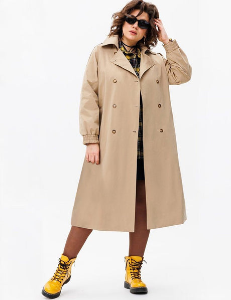 Women Plus Size Solid Color Calf - Length Trench Coat - PRUSES