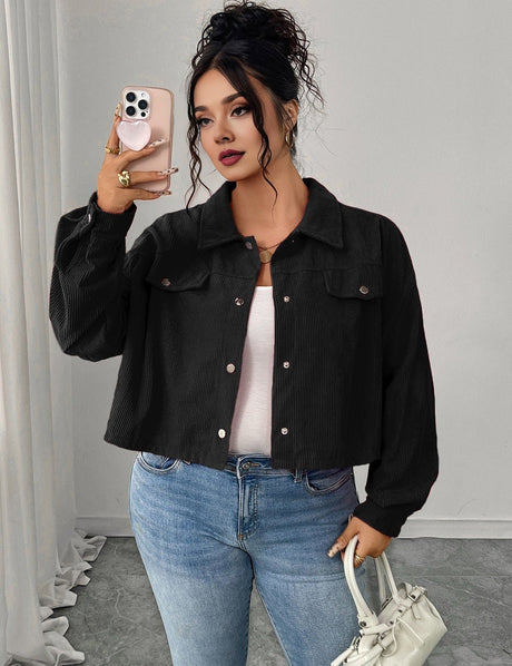 Women Plus Size Solid Color Cropped Corduroy Jacket - PRUSES