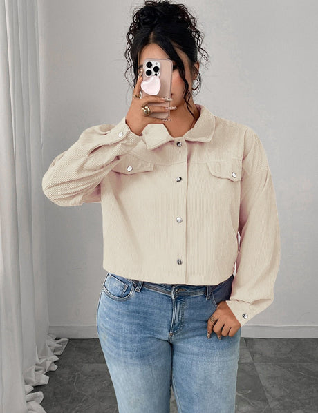 Women Plus Size Solid Color Cropped Corduroy Jacket - PRUSES