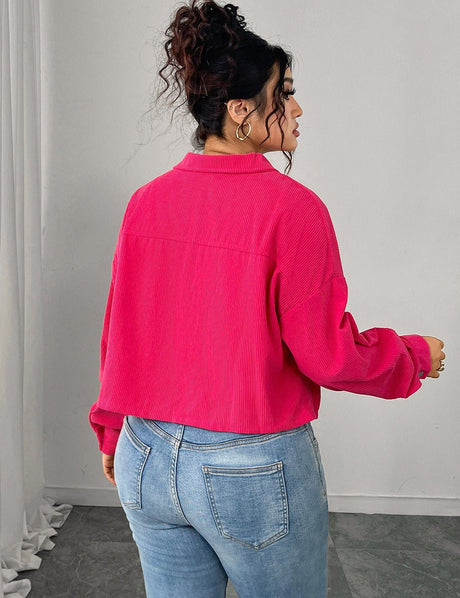 Women Plus Size Solid Color Cropped Corduroy Jacket - PRUSES