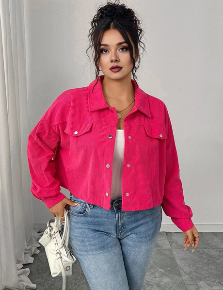 Women Plus Size Solid Color Cropped Corduroy Jacket - PRUSES