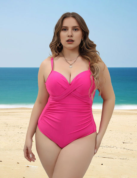 Women Plus Size Solid Color Front Twist One - Piece Swimsuit - PRUSES