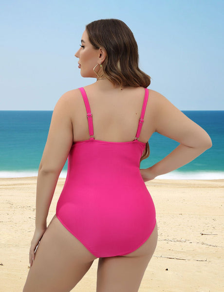 Women Plus Size Solid Color Front Twist One - Piece Swimsuit - PRUSES