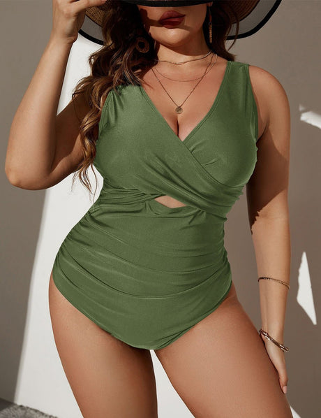 Women Plus Size Solid Color Knit Swimsuit - PRUSES