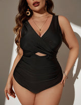 Women Plus Size Solid Color Knit Swimsuit - PRUSES