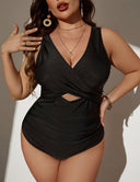 Women Plus Size Solid Color Knit Swimsuit - PRUSES