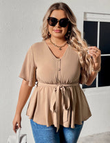 Women Plus Size Solid Color V Neck Short Sleeve Tops - PRUSES