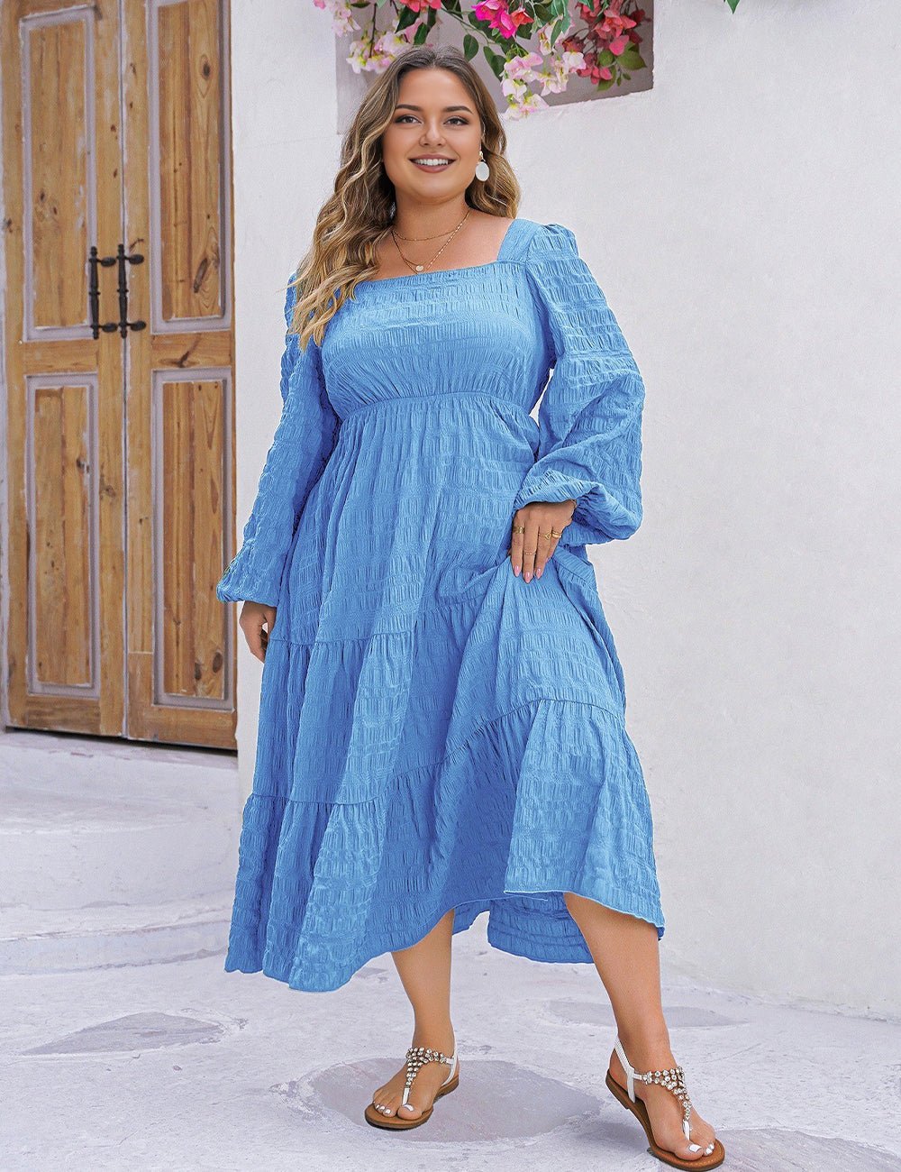 Women Plus Size Solid Textured Square Neck Maxi Dress - PRUSES