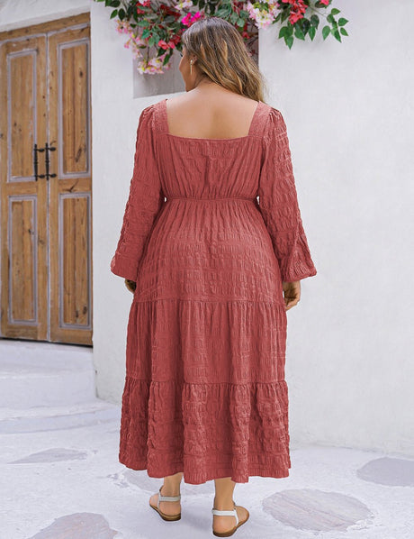 Women Plus Size Solid Textured Square Neck Maxi Dress - PRUSES