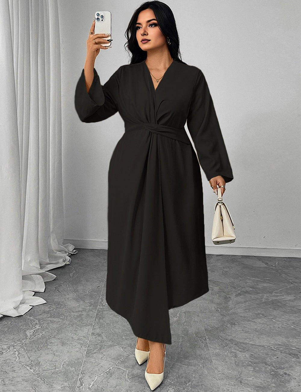Women Plus Size Solid Twist Front Wrap Maxi Dress - PRUSES