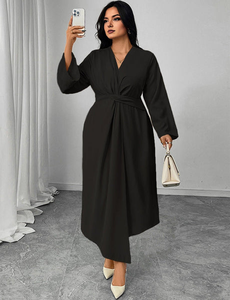 Women Plus Size Solid Twist Front Wrap Maxi Dress - PRUSES