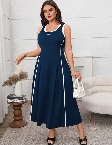 Navy Plus Size Sporty Contrast Stripe A-Line Sleeveless Dress