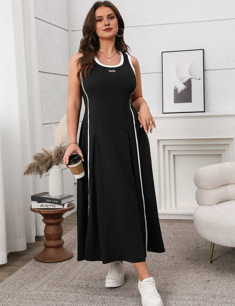 Black Plus Size Sporty Contrast Stripe A-Line Tank Maxi Dress