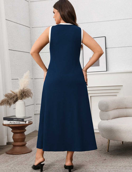Navy Plus Size Sporty Contrast Stripe Sleeveless Dress