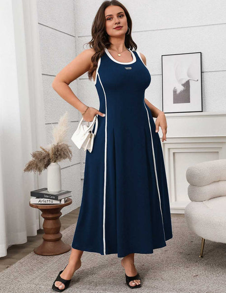 Navy Plus Size Sporty Contrast Stripe A-Line Sleeveless Dress
