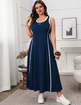 Navy Plus Size Sporty Contrast Stripe A-Line Tank Maxi Dress