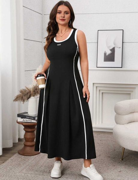 Black Plus Size Sporty Contrast Stripe A-Line Tank Maxi Dress