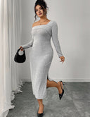 Women Plus Size Square Neck Long Sleeve Slit Dress - PRUSES