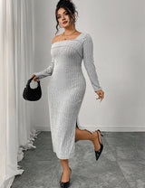Women Plus Size Square Neck Long Sleeve Slit Dress - PRUSES