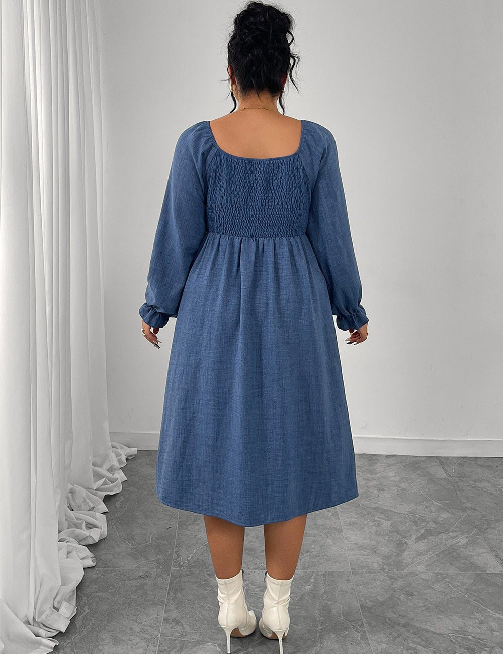 Women Plus Size Square Neck Smocked Button Down Midi Dress - PRUSES