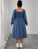 Women Plus Size Square Neck Smocked Button Down Midi Dress - PRUSES