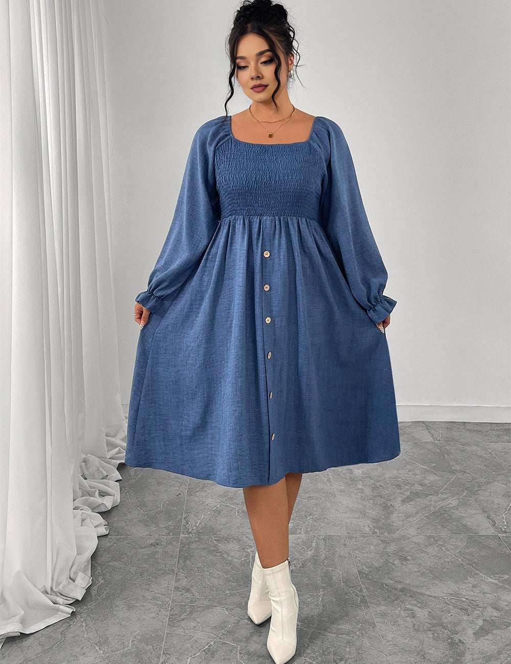 Women Plus Size Square Neck Smocked Button Down Midi Dress - PRUSES