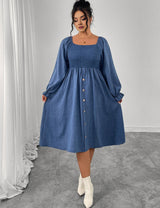 Women Plus Size Square Neck Smocked Button Down Midi Dress - PRUSES