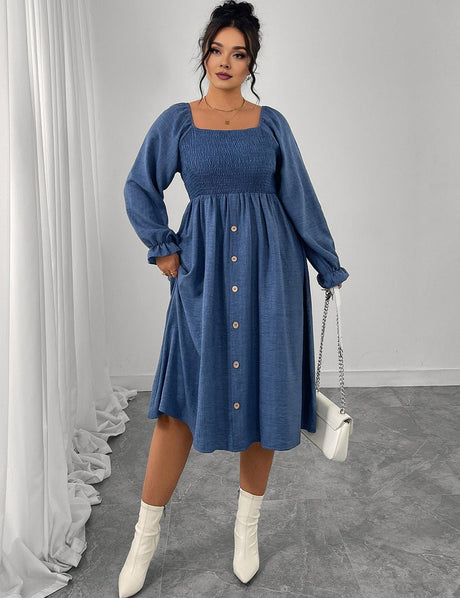 Women Plus Size Square Neck Smocked Button Down Midi Dress - PRUSES