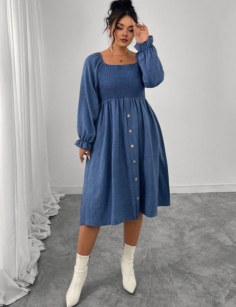 Women Plus Size Square Neck Smocked Button Down Midi Dress - PRUSES