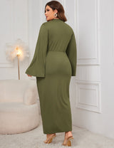 Women Plus Size Stand Collar Wide Sleeve Pleated Maxi Dress - PRUSES