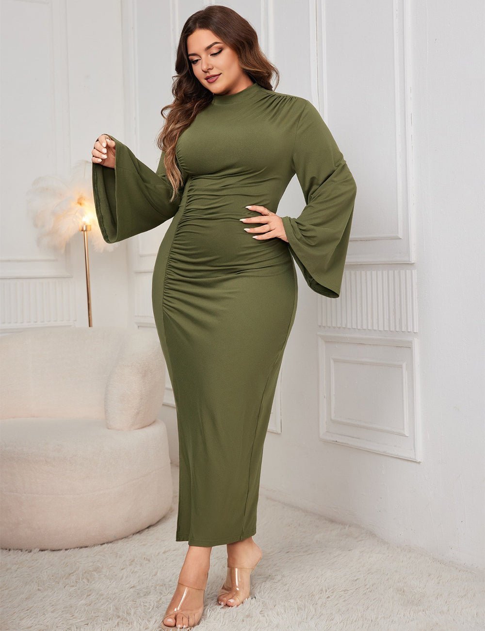 Women Plus Size Stand Collar Wide Sleeve Pleated Maxi Dress - PRUSES
