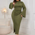 Women Plus Size Stand Collar Wide Sleeve Pleated Maxi Dress - PRUSES