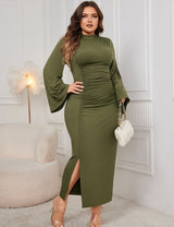 Women Plus Size Stand Collar Wide Sleeve Pleated Maxi Dress - PRUSES