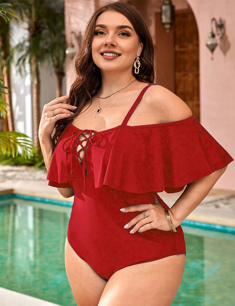 Women Plus Size Strapped Layered Ruffle One - Piece Swimsuit - PRUSES