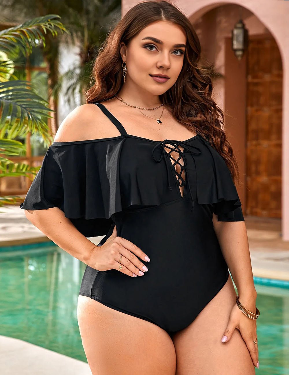 Women Plus Size Strapped Layered Ruffle One - Piece Swimsuit - PRUSES